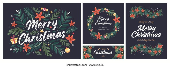 Set of Christmas and Happy New Year Floral Card templates. Trendy retro style. Vector design element.