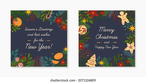 Set of Christmas and Happy New Year greeting banners templates.Festive vector layouts with hand drawn traditional winter holiday symbols.Xmas trendy designs for banners,invitations,prints,social media
