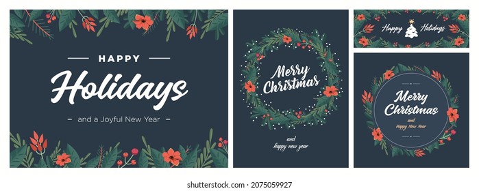 Set of Christmas and Happy New Year Floral Card templates. Trendy retro style. Vector design element.