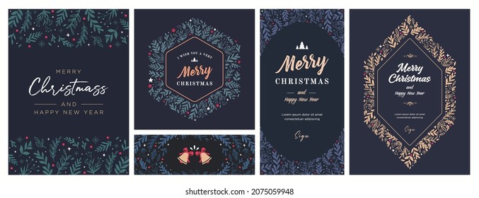 Set of Christmas and Happy New Year Floral Card templates. Trendy retro style. Vector design element.