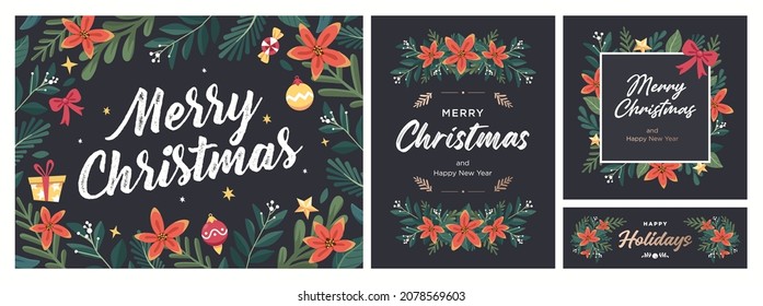 Set of Christmas and Happy New Year Floral Card templates. Trendy retro style. Vector design element.