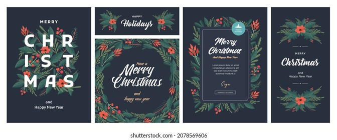 Set of Christmas and Happy New Year Floral Card templates. Trendy retro style. Vector design element.