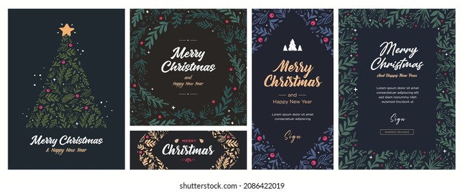 Set of Christmas and Happy New Year Floral Card templates. Trendy retro style. Vector design element.