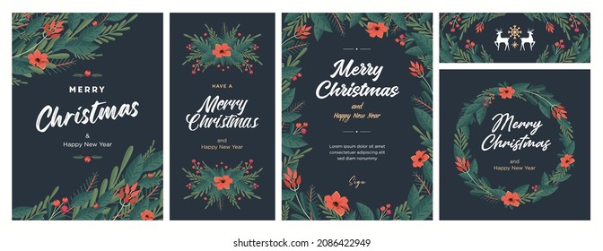 Set of Christmas and Happy New Year Floral Card templates. Trendy retro style. Vector design element.