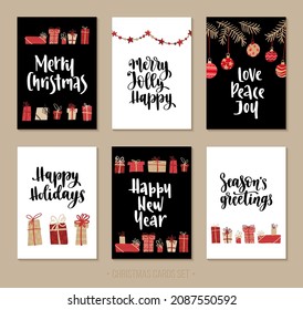 Set Christmas and Happy New Year greeting cards with handwritten lettering and decorative winter holiday elements. Trendy style flat vector illustration for invitations, cards, posters and flyers.