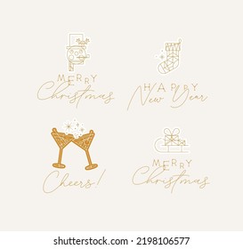 Set of Christmas and Happy New Year art deco labels with lettering drawing in modern vintage line style on beige background