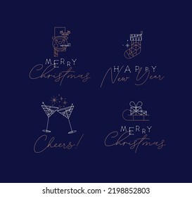 Set of Christmas and Happy New Year art deco labels with lettering drawing in vintage line style on blue background