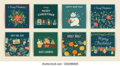 Set of Christmas and Happy New Year cards. Cute bright illustrations witn New Year symbols.. Vector design templates.