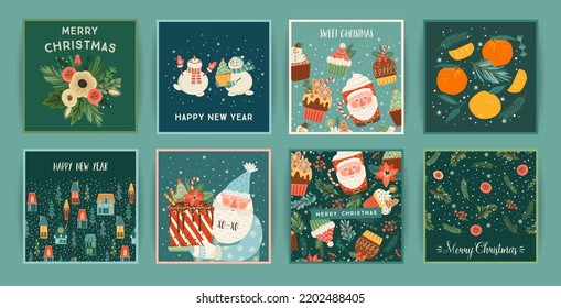 Set of Christmas and Happy New Year cards. Cute bright illustrations witn New Year symbols.. Vector design templates.