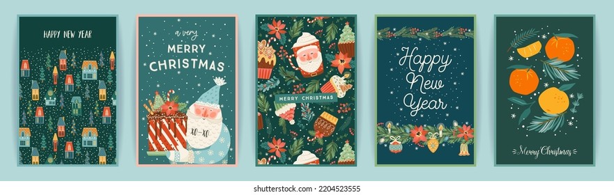 Set of Christmas and Happy New Year cards. Cute bright illustrations witn New Year symbols.. Vector design templates.