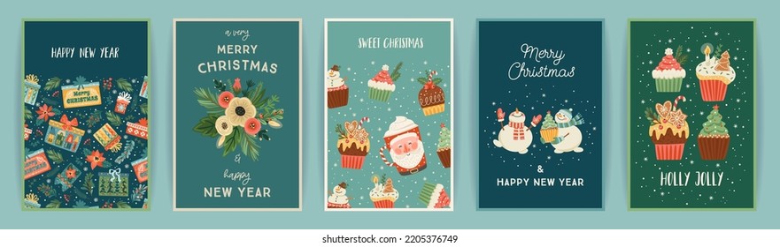 Set of Christmas and Happy New Year cards. Cute bright illustrations witn New Year symbols.. Vector design templates.