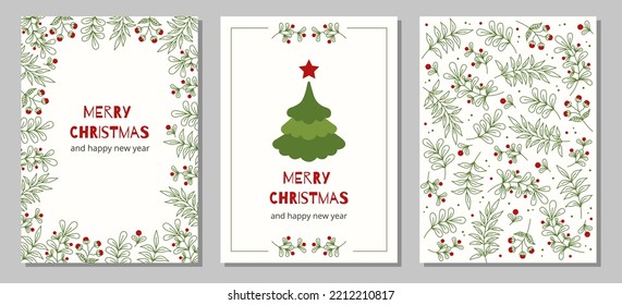 Set of christmas and happy new year greeting cards with Christmas tree, floral frames and backgrounds.