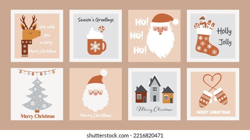 Set of Christmas and Happy New Year cards. Christmas Greeting Card. Vector design template. Cute illustrations with New Year symbols.