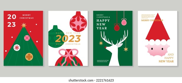 Set of christmas and happy new year 2023 background cover vector. Decorative elements of santa, balls, tree, reindeer, sparkle. Design for banner, invitation, card, cover, poster, advertising.