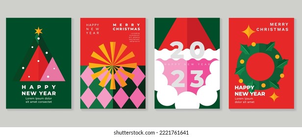 Set of christmas and happy new year 2023 vibrant background cover vector. Decorative elements of santa, wreath, tree, sparkle. Design for banner, invitation, card, cover, poster, advertising.