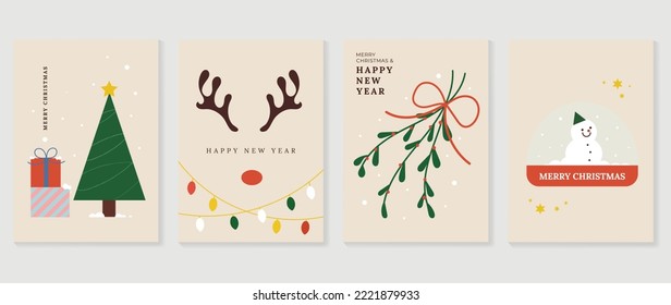 Set of christmas and happy new year background cover vector. Elements of snowman, christmas tree, holly, wire light, reindeer, presents. Design for banner, card, cover, poster, advertising.