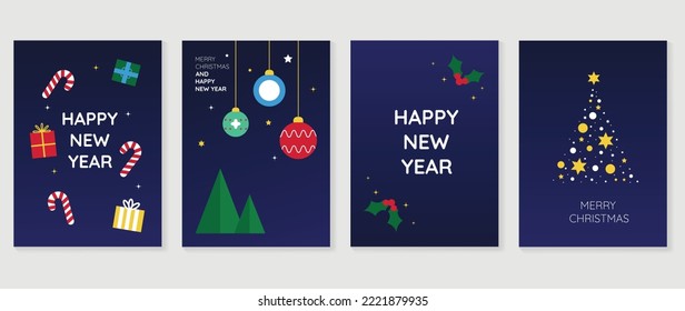 Set of christmas and happy new year background cover vector. Elements of present, candy, balls, holly, stars on dark blue background. Design for banner, card, cover, poster, advertising.