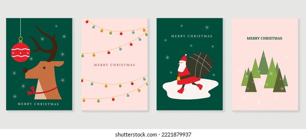Set of christmas and happy new year background cover vector. Decorative elements of reindeer, santa claus, tree, wire light. Design for banner, invitation, card, cover, poster, advertising.