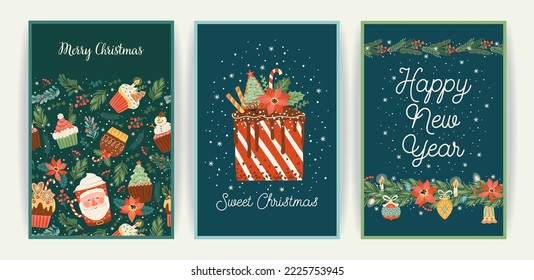 Set of Christmas and Happy New Year cards. Cute bright illustrations witn New Year symbols.. Vector design templates.