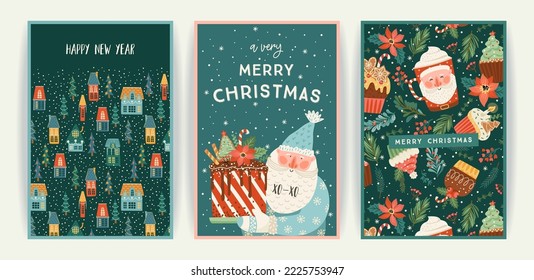 Set of Christmas and Happy New Year cards. Cute bright illustrations witn New Year symbols.. Vector design templates.