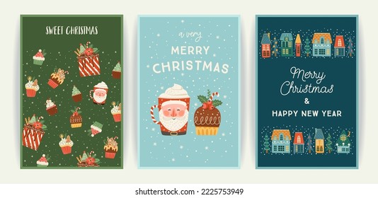 Set of Christmas and Happy New Year cards. Cute bright illustrations witn New Year symbols.. Vector design templates.