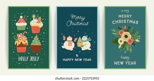 Set of Christmas and Happy New Year cards. Cute bright illustrations witn New Year symbols.. Vector design templates.