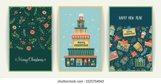 Set of Christmas and Happy New Year cards. Cute bright illustrations witn New Year symbols.. Vector design templates.