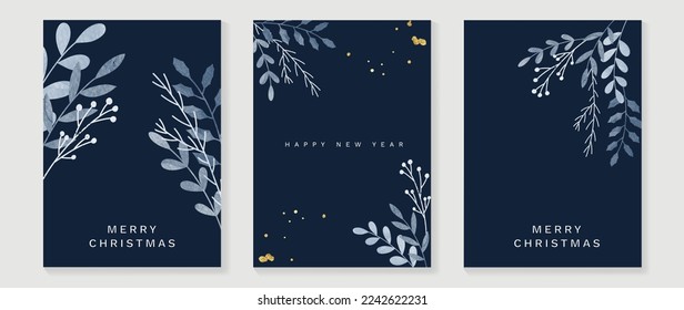 Set of christmas and happy new year holiday card vector. Decorative element of watercolor holly, mistletoe and pine leaf branch with gold droplet. Design illustration for cover, banner, card, poster.