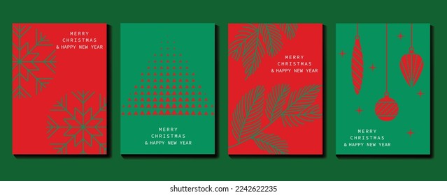 Conjunto de navidades y feliz vectores de tarjetas de vacaciones de Año Nuevo. Elemento rojo y verde de copo de nieve, árbol de navidad triangular, hojas de pino, bolas de baudible. Ilustración de diseño para portada, banner, tarjeta, afiche.