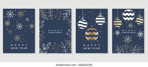 Set of christmas and happy new year holiday card vector. Elegant element of golden and white snowflakes, snow, bauble balls, winter leaf branches. Design illustration for cover, banner, card, poster.