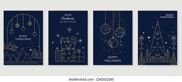 Set of christmas and happy new year holiday card vector. Elegant element gold line art of christmas tree, bauble ball, cat, present, sparkle, snow. Design illustration for cover, banner, card, poster.