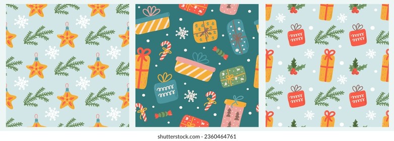 Set of Christmas and Happy New Year seamless patterns, gift boxes, candies, spruce twigs. Vector holiday background