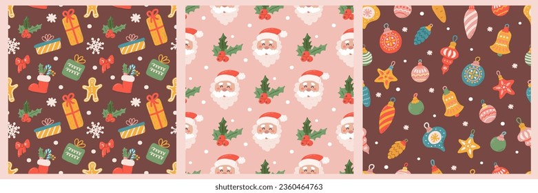 Set of Christmas and Happy New Year seamless patterns, gift boxes, Santa, spruce twigs. Vector holiday background