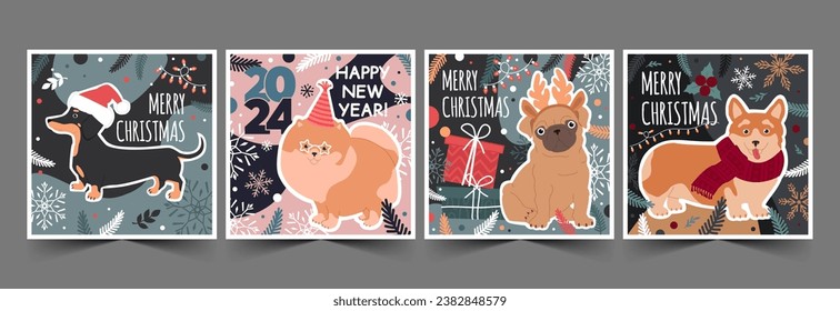 Set of Christmas and Happy New Year cards with cute dogs, text, and winter elements. Vector flat illustration in trendy colors.