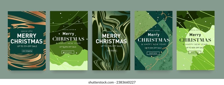 Set Christmas and Happy New Year 2024 in Green Creative Art Design Colors. Abstract 3d Geometric Background for Advertising, Web, Social Media, Poster, Banner, Cover. Special Offer 20-75%. 