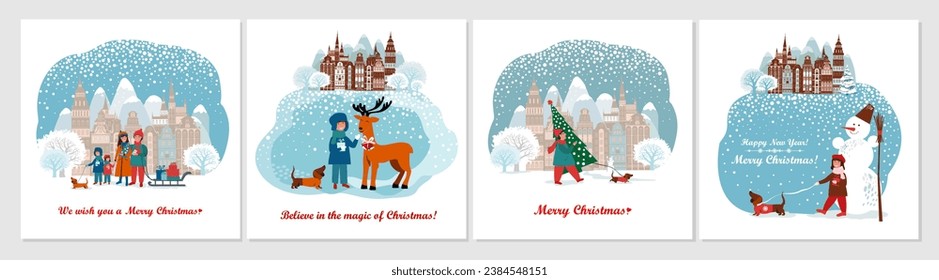 Set of Christmas and Happy New Year illustrations. Merry Christmas Corporate Holiday cards and invitations for web, social media, print. Trendy retro style. Winter holiday card with lettering.