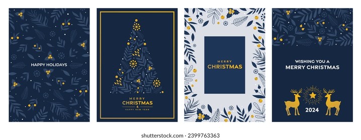 Set of Christmas and Happy New Year Floral Card templates. Christmas cards design with ornaments of branches, berries and leaves. Vector Illustration