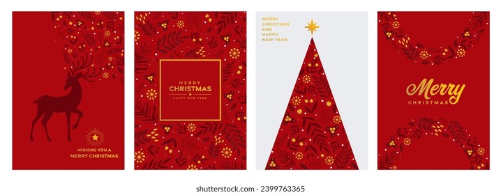 Set of Christmas and Happy New Year Floral Card templates. Christmas cards design with ornaments of branches, berries and leaves. Vector Illustration