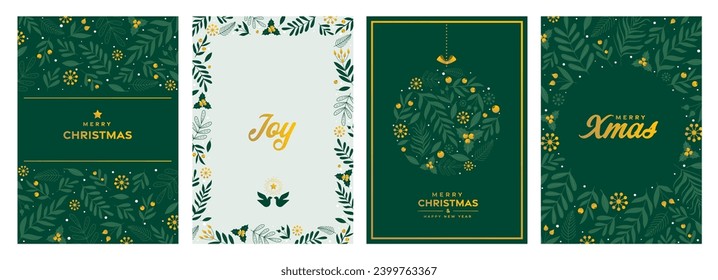 Set of Christmas and Happy New Year Floral Card templates. Christmas cards design with ornaments of branches, berries and leaves. Vector Illustration