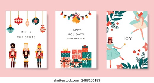 Set of Christmas and Happy new year holiday card vector. Elegant element of nutcracker, christmas ballet, christmas bauble, leaves on white background. Design illustration for cover, banner, poster.