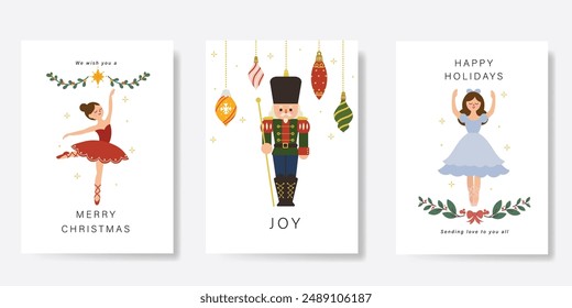 Set of Christmas and Happy new year holiday card vector. Elegant element of nutcracker, christmas ballet, christmas bauble, leaves on white background. Design illustration for cover, banner, poster.