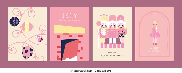 Set of Christmas and Happy new year holiday card vector. Elegant element of nutcracker, christmas ballet, christmas bauble on pink and light background. Design illustration for cover, poster, flyer.