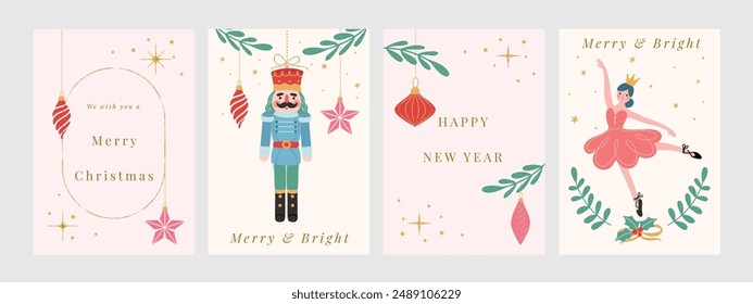 Set of Christmas and Happy new year holiday card vector. Elegant element of nutcracker, christmas ballet, christmas bauble on pink and white background. Design illustration for cover, banner, poster.