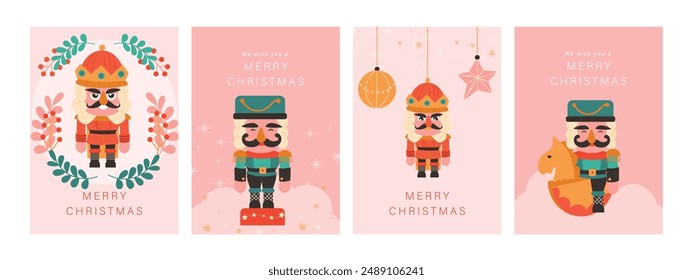 Set of Christmas and Happy new year holiday card vector. Elegant element of nutcracker, christmas bauble, leaves, rocking horse on pink background. Design illustration for cover, poster, flyer.