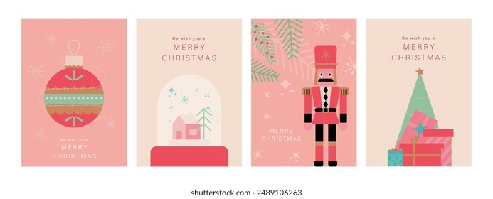 Conjunto de Navidades y feliz año nuevo tarjeta de Vector. Elegante elemento de cascanueces, adorno de Navidad, regalo, globo de nieve sobre fondo rosa y claro. Ilustración de diseño para la cubierta, póster, volante.