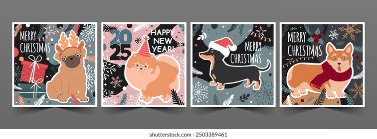 Set of Christmas and Happy New Year cards with cute dogs, text, and winter elements. Vector flat illustration in trendy colors.