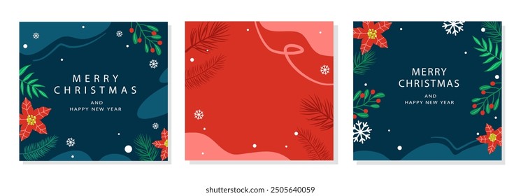 Set of Christmas and Happy New Year greeting cards.  Floral frames and backgrounds design.  Holiday design for greeting card, invitation, cover, calendar, etc. 