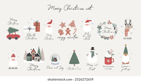 Set of Christmas and Happy New Year cards. Christmas quotes with Santa Claus, snowman and gifts. Vector winter illustration. Season greeting. 