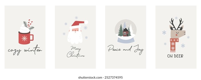 Set of Christmas and Happy New Year cards. Christmas quotes with Santa Claus, cute reindeer, glass christmas ball and red mug with hot cocoa and cream. Vector winter illustration. Season greeting. 