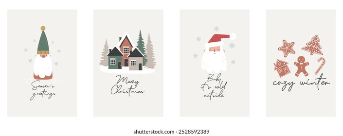 Set of Christmas and Happy New Year cards. Christmas quotes with Santa Claus, baking, gnome and houses in a winter forest. Vector holiday illustration. Season greeting. 